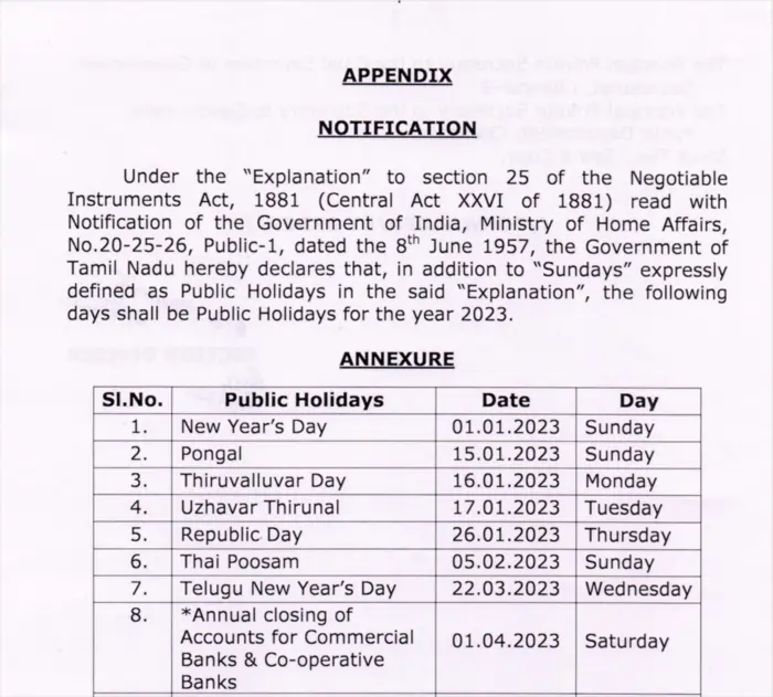 List of Holidays 2023 Tamil Nadu PDF Download