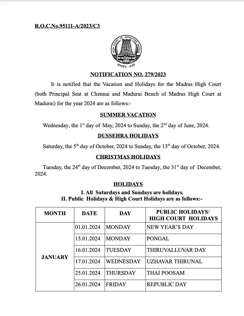 Madras High Court (Holidays) Calendar 2024 PDF