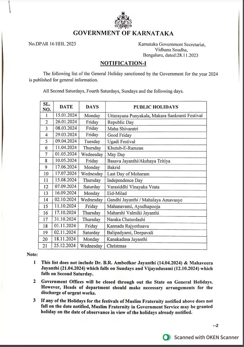 Karnataka Government (restricted) Holidays List 2024 PDF